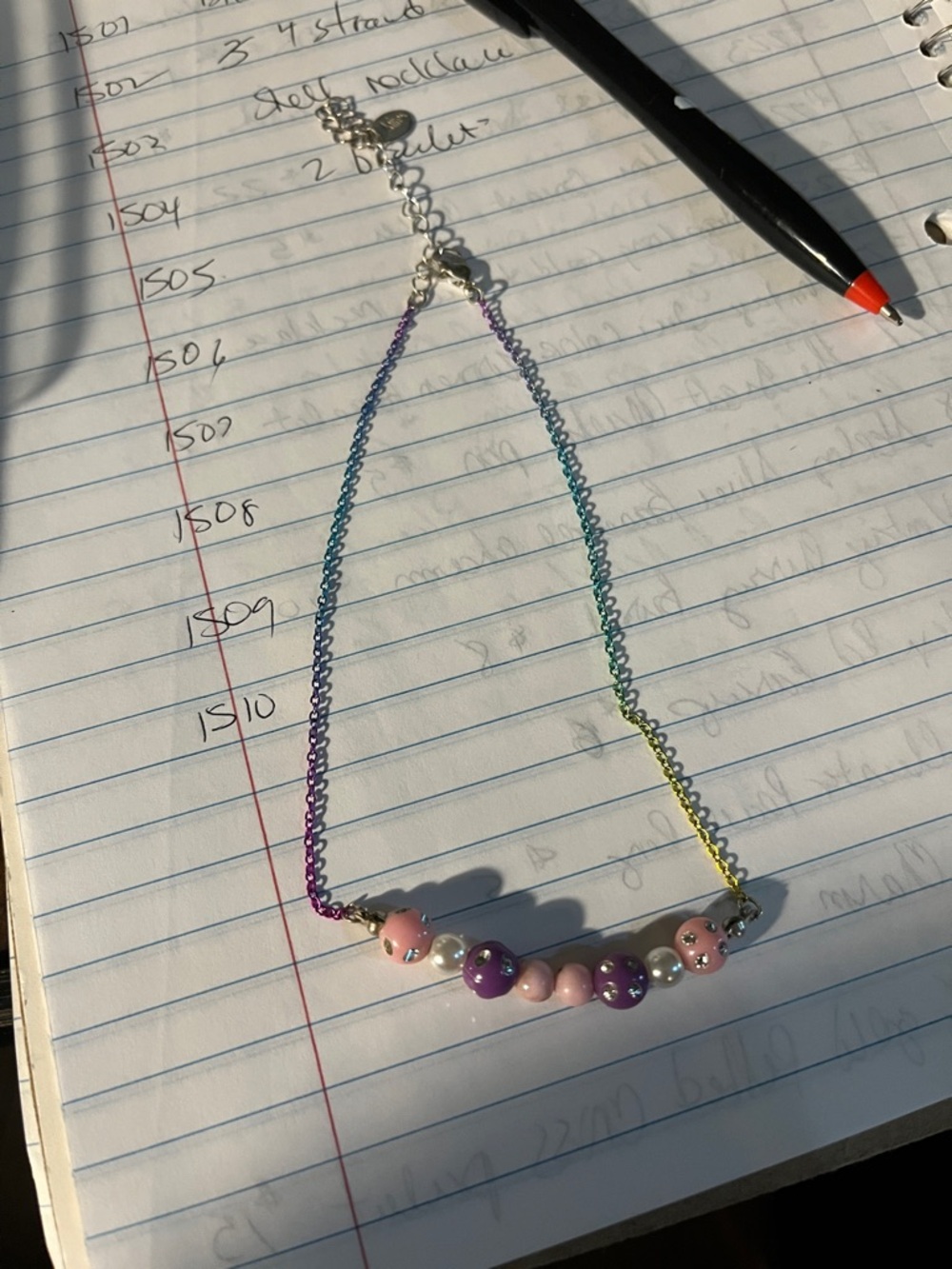 Beaded Rainbow Chain Necklace with Pink & Purple Accent Beads kids 1505